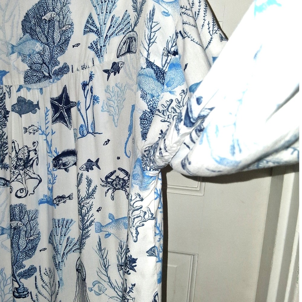 Jane + Delancey Womens Blue Sea Life Print Rayon Button Down Shirt Size Medium - Picture 14 of 16
